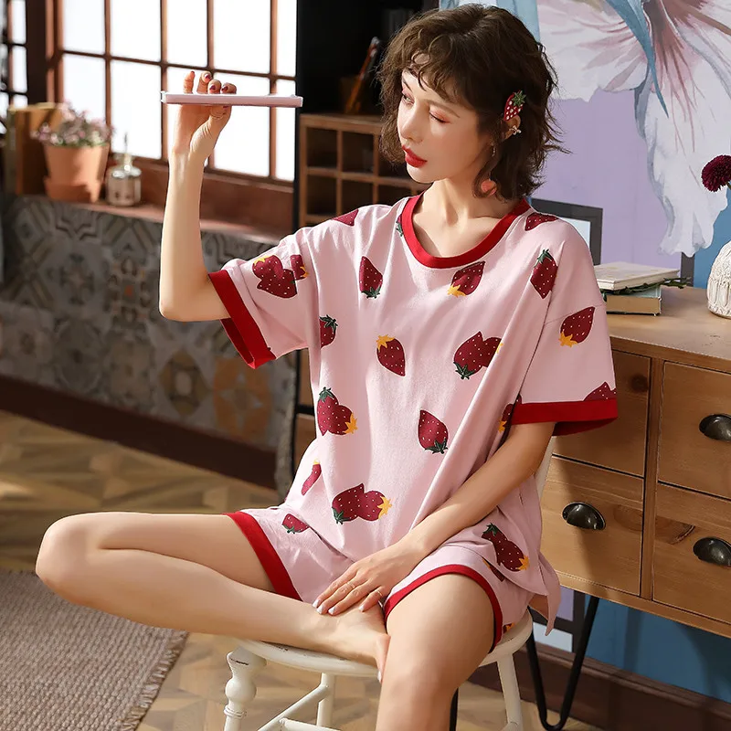 Милые летние удобные пижамы с принтом клубники женские повседневные брюки из 2