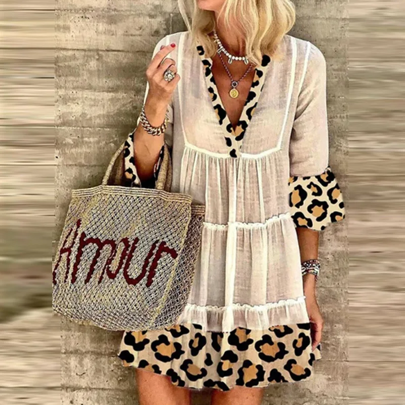 

Vintage Bohemian Floral Print Design Dress Women Elegant Lady V-Neck 3/4 Sleeve Dress Spring Casual Fashion Cuffs Dress Vestidos