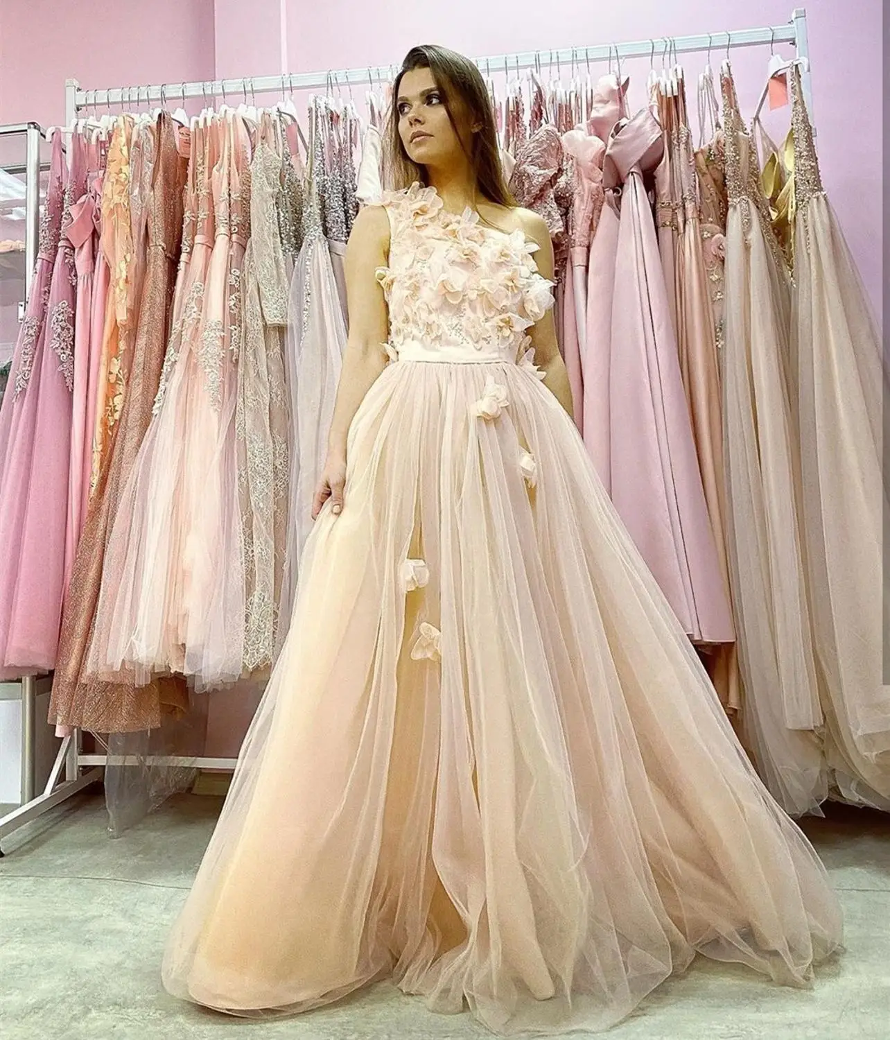 

2020 prom dress pink 3d flowers pink tulle floor length women party gowns high quality formal gowns for girl graduation dress
