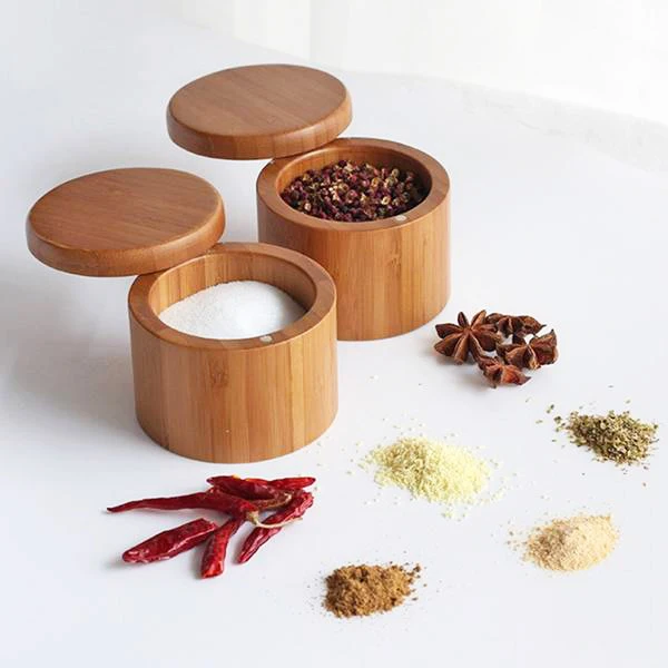 

4 Pcs Salt Storage Boxes Bamboo Storage Box with Magnetic Swivel Lid Container for Kitchen Storage Containers