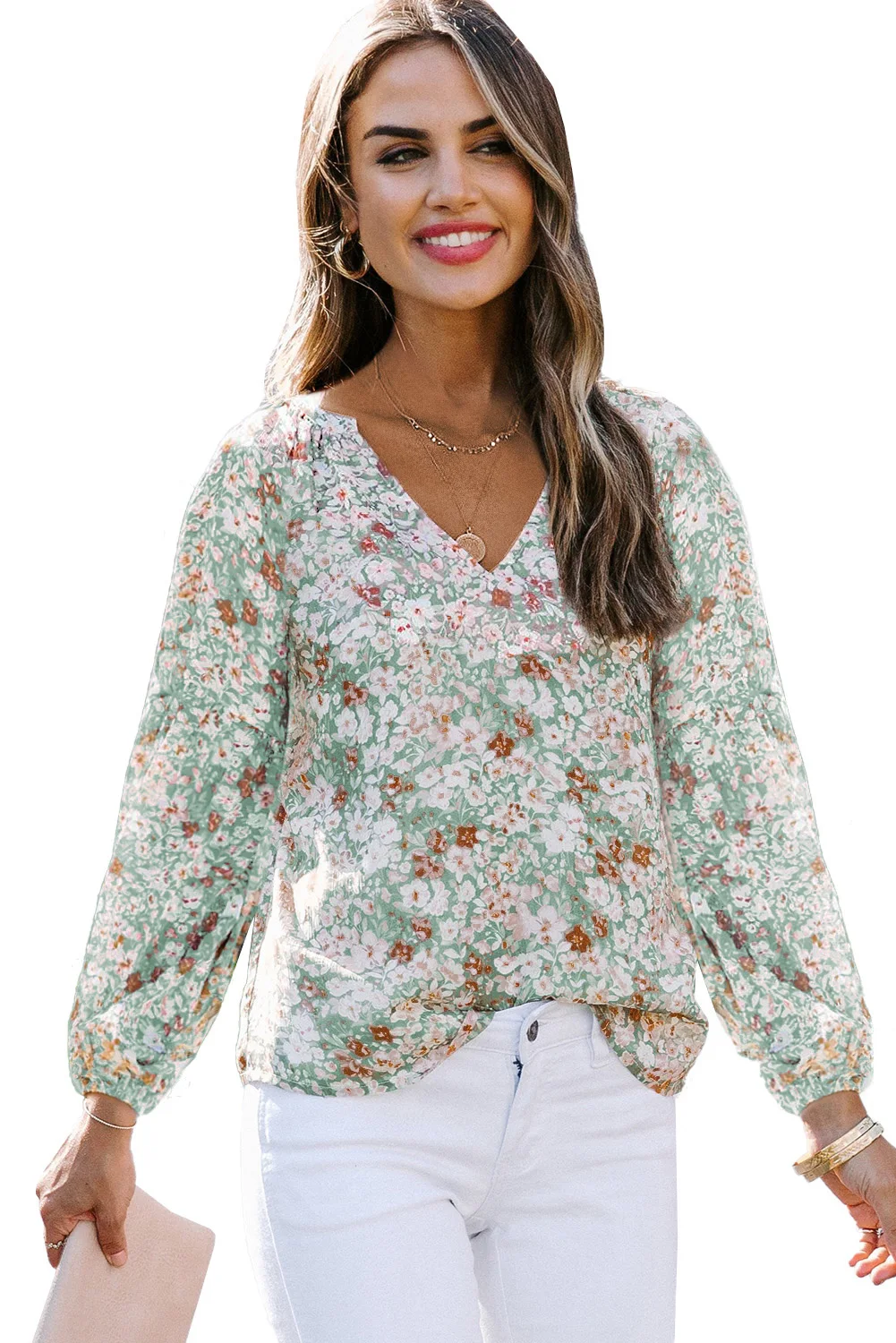 Женский топ с V-образным вырезом длинным рукавом-фонариком и цветочным принтом |