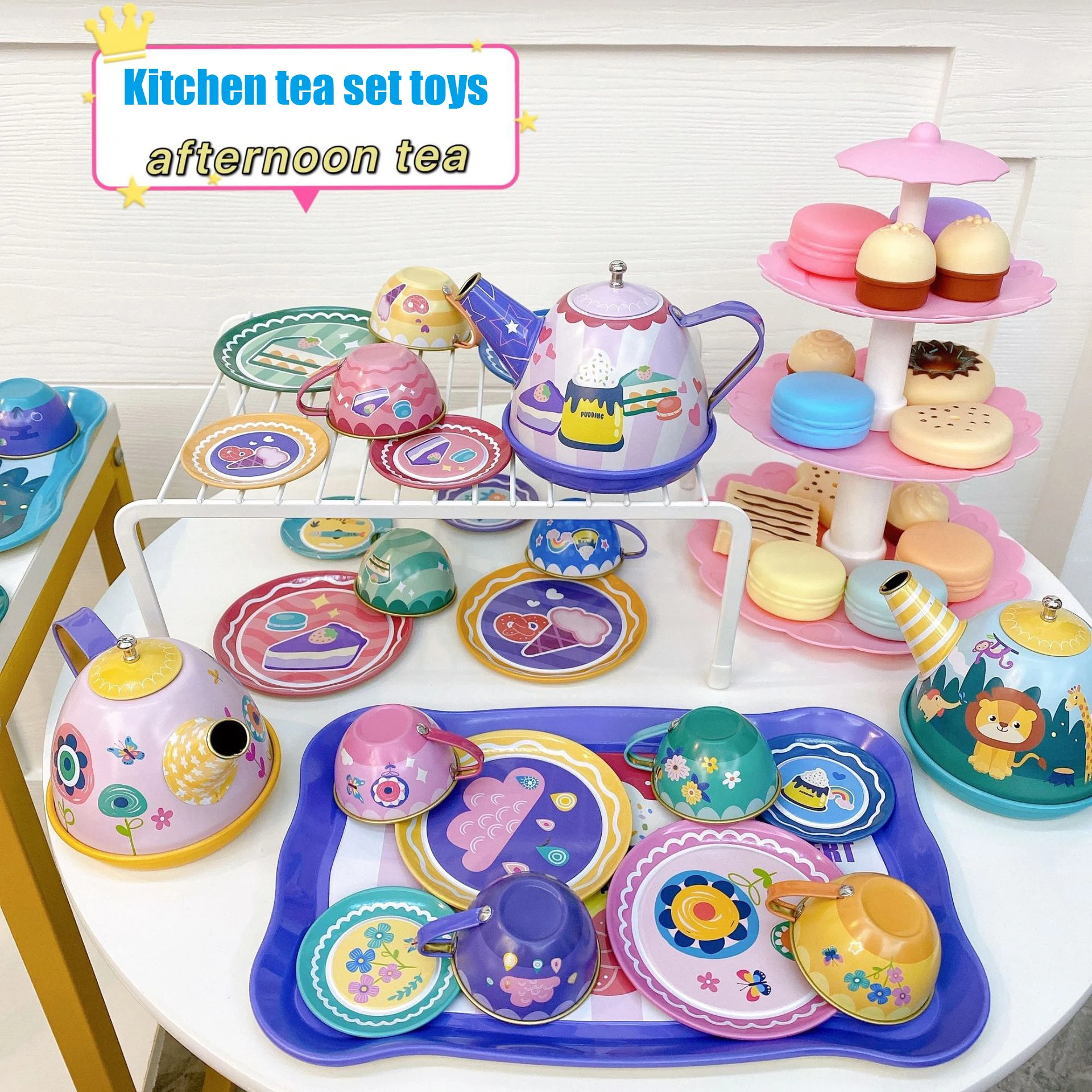 

New Children's Play House Tea Set Toy Set Simulation Teapot Tea Cup Dessert Tower Afternoon Tea Tinplate Kettle Set Kitchen Toys