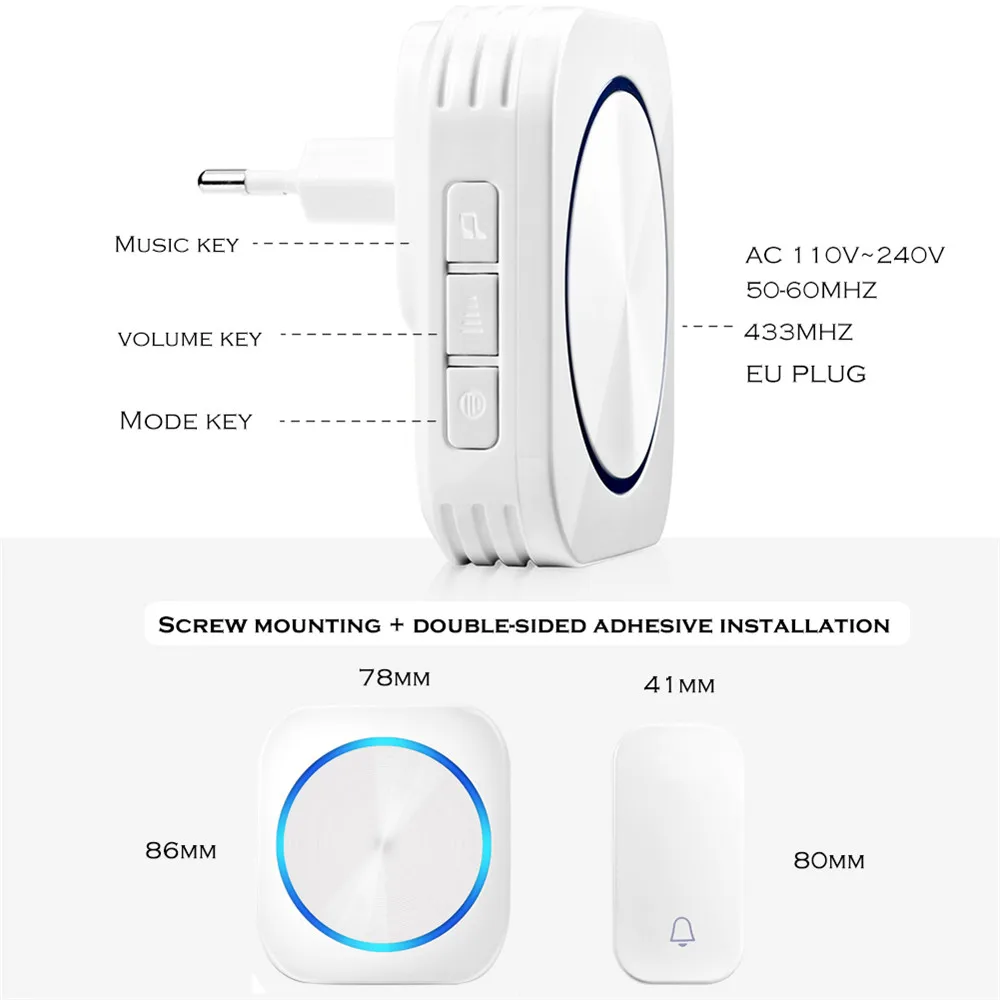 SMATRUL автономный беспроводной дверной звонок chime call night light no батарея разъем ЕС waterproof 150 M