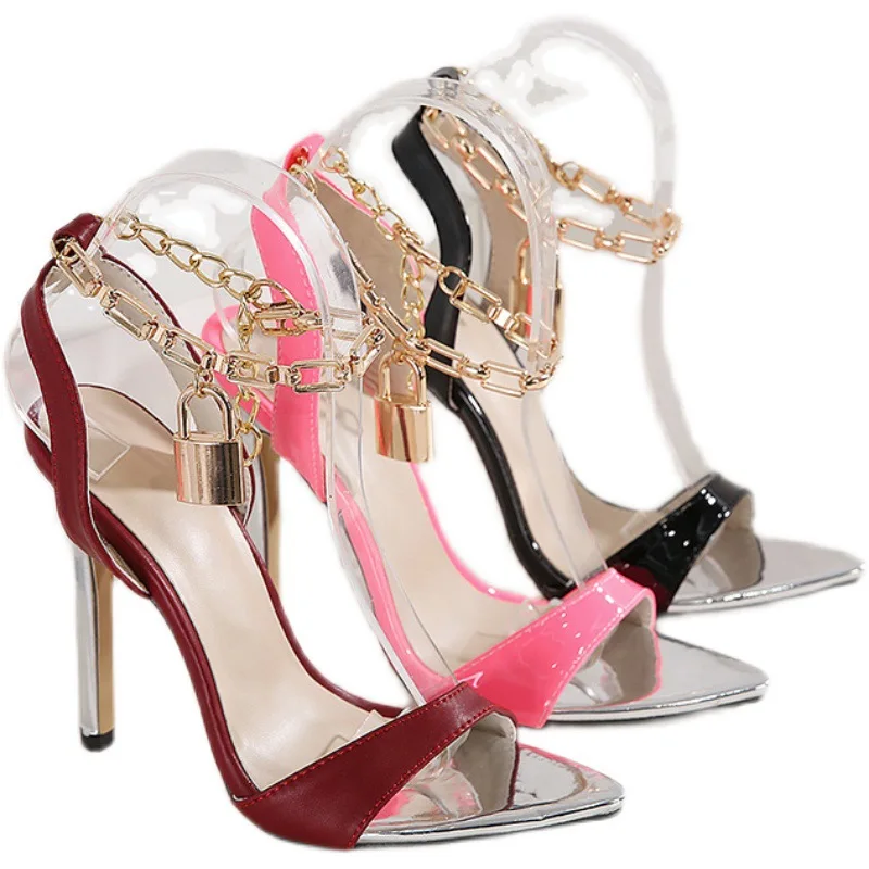 

2021 new heel pointed high heel decorative chain women's large sandals
