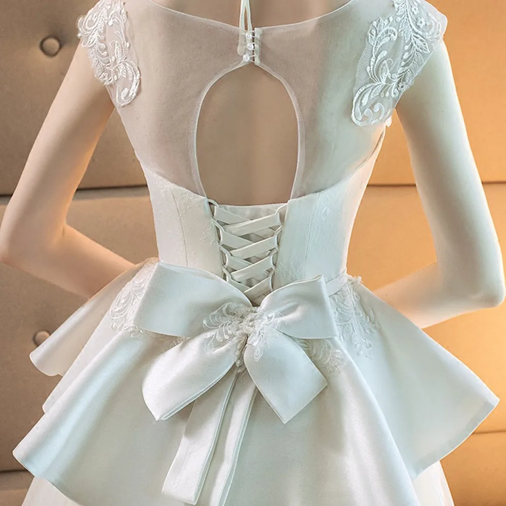 

Elegant Off White Sleeveless Handmade Lace Embroidery Long Tail Wedding Dress Bridal Gown