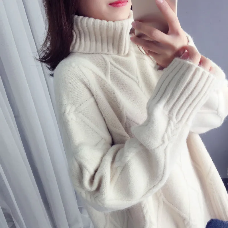 

Mazefeng Women Knitting Sweater Long Sleeves Turtleneck Female Loose Casual Solid Fashion Pullover Ladies Winter Sweater Thick
