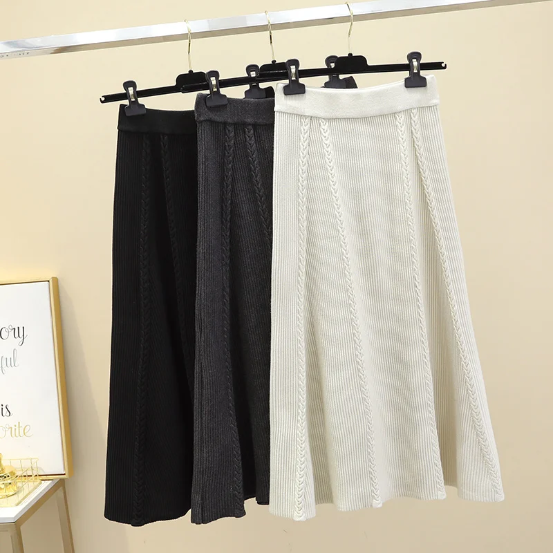 

Black Long Solid Color Knitted Female Plus Large Size Korean Style Oversized Vintage High-Waisted Women'S Skirts Clothes A6470