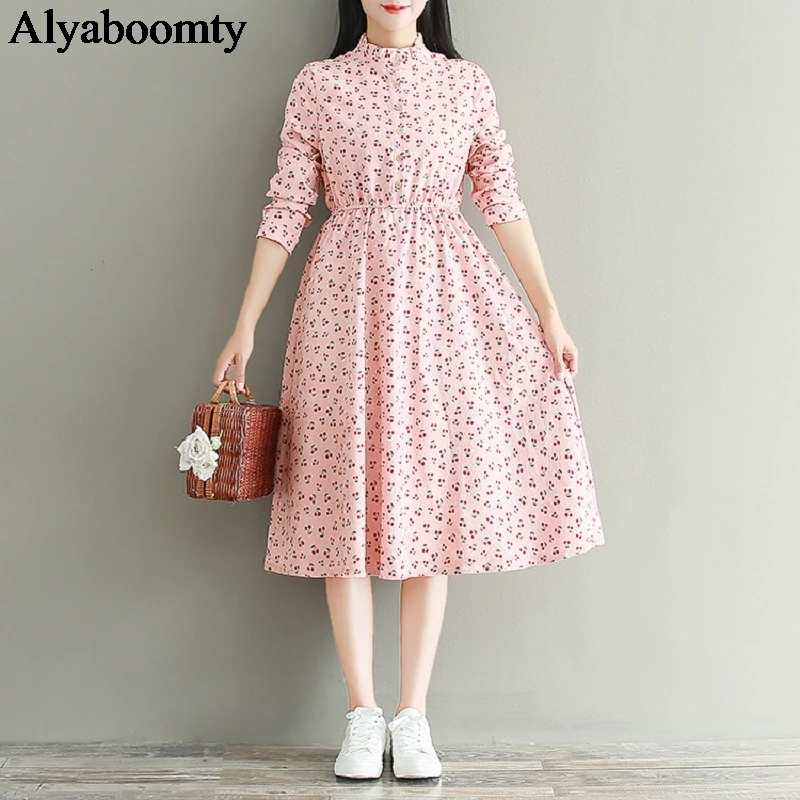 

Женское вельветовое платье Mori Girl, розовое элегантное платье с воротником-стойкой и принтом вишни, с длинным рукавом, весна-осень