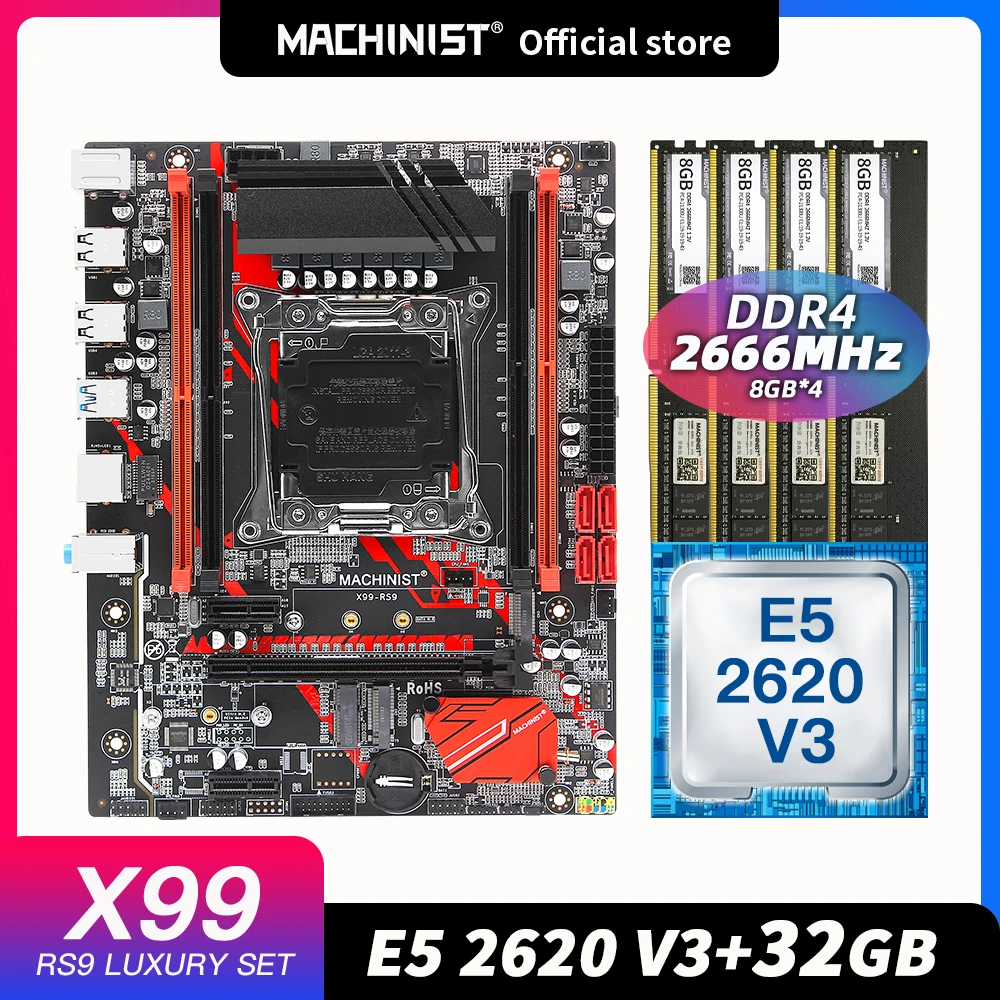 Online MASCHINIST X99 Motherboard LGA 2011-3 Set Kit Intel Xeon E5 2620 V3 CPU Prozessor DDR4 32G(4*8G) 2666MHZ RAM Speicher X99-RS9