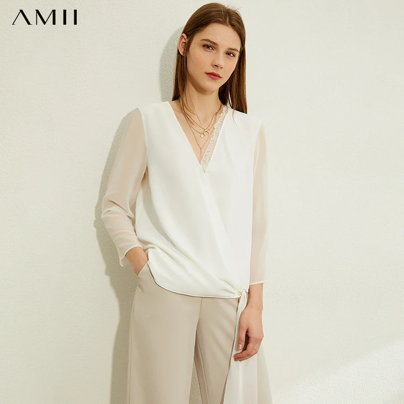 AMII минимализм весна-лето кружевная шифоновая блузка женская повседневная с