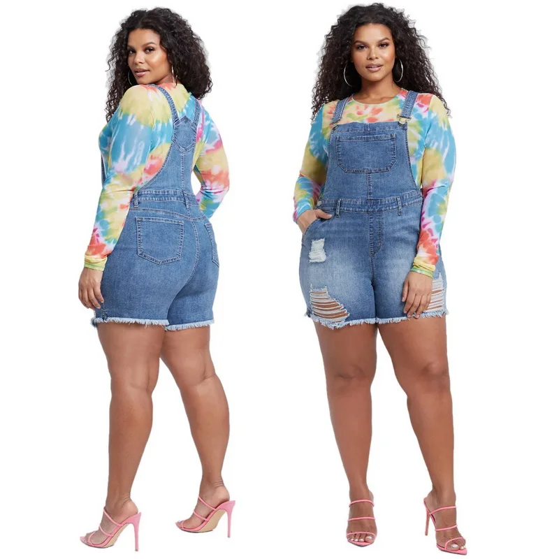 Fashion Women Summer Playsuit Overalls Streetwear Denim Rompers Female Ladies Casual Loose Jumpsuit Pockets Short Jeans Hole
