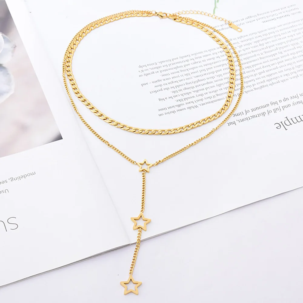 FINE4U N751 Dainty Layered Choker Necklaces Handmade Hollow Star Pendant Multilayer Adjustable Layering Whip Chain Necklace | Украшения и