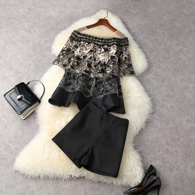 

Женская одежда в европейском и американском стиле, Новинка лета 2021, рубашка с вышивкой и пятиконечными рукавами, шорты с бисером и стежками, модный костюм