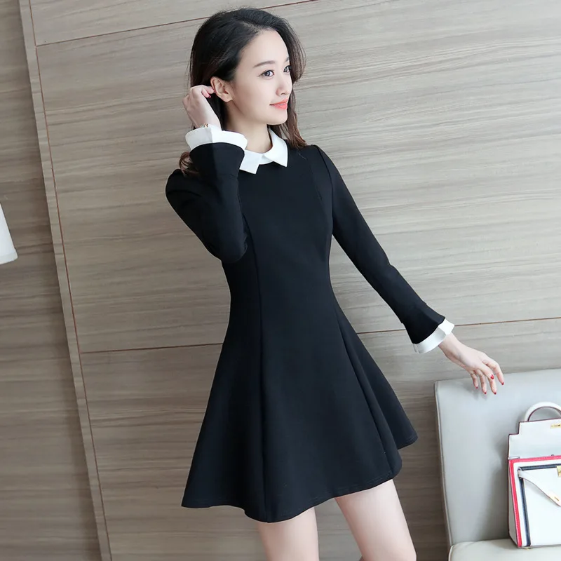 

Новое Женское платье с длинным рукавом и кукольным воротником, универсальные знаменитости, облегающее, облегающее, маленькая черная юбка, к...