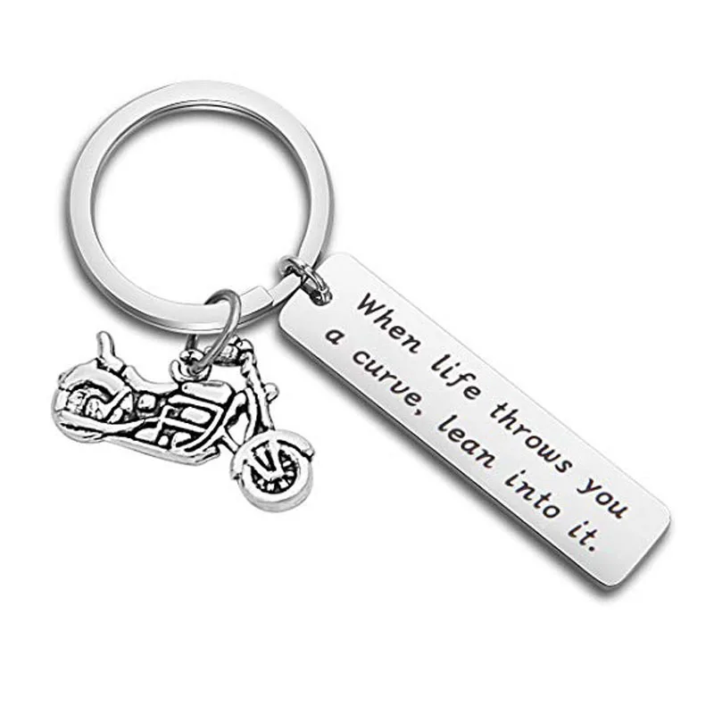 

12PC When Life Throws You A Curve Lean Into It Keyring Motorcycle Stainless Steel Charm Pendant Keychain Women Men Bike Gift Hot