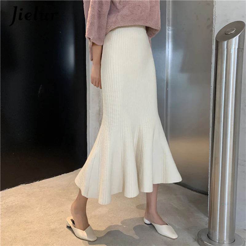 

Jielur Knitted Mermaid Skirt Women 2021 Autumn Winter New Fashion Sexy Bodycon Skirt Black Slim Ruffle Ladies High Waist Skirts