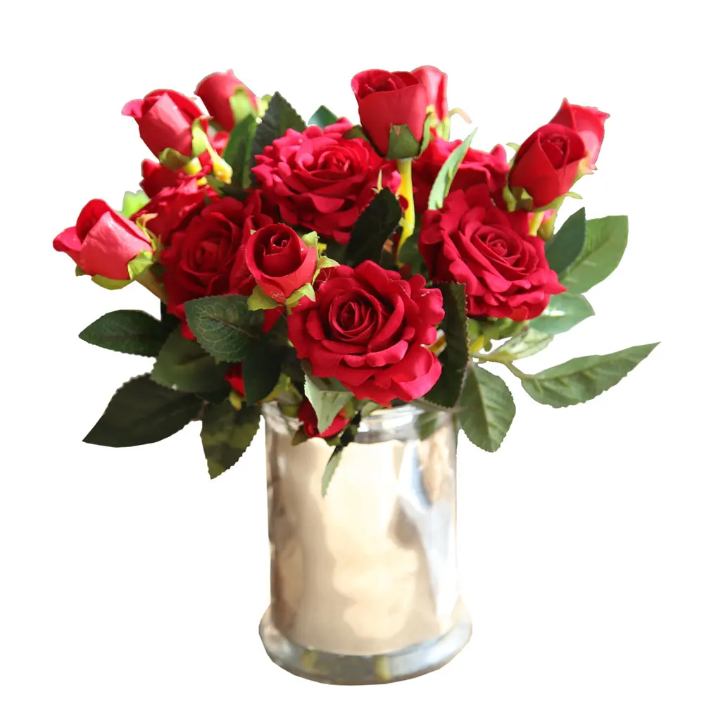 

6pcs Vintage Beautiful Artificial Flowers for Decoration Red Rose Velvet Fake Flowers Bouquet Wedding Home Decor Room Party