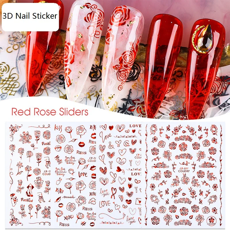 

Romantic Valentines Day Nails Love Rose Leopard Flower Laser 3D Nail Sticker Decals Nail Design for Adhesive Wraps AE047