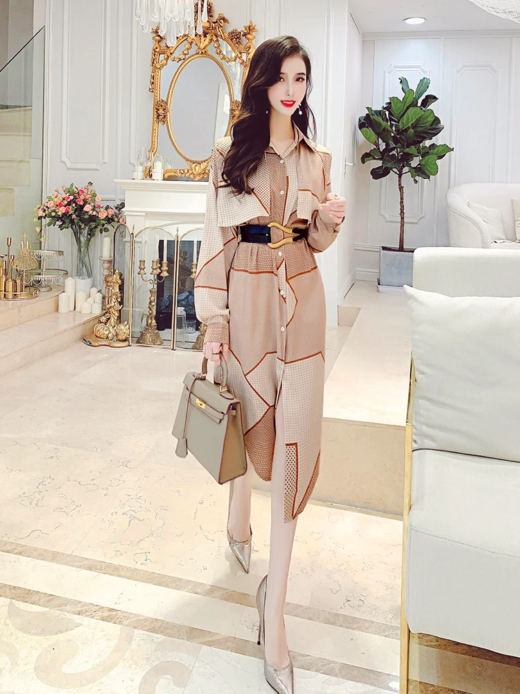 Robe rétro à manches longues pour femme, vêtement à motif géométrique, taille haute, tenue de bureau, nouvelle collection automne 2020