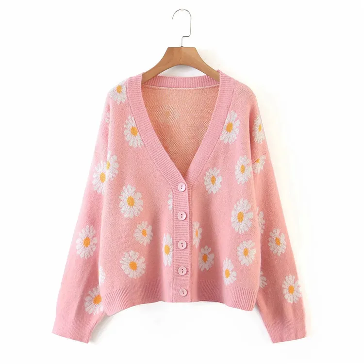 

MosiMolly Daisy Flower Embroidery Sweater Pullovers Women Cardigan Jumper V neck Lazy Loungewear Knit Sweater Coats 2021
