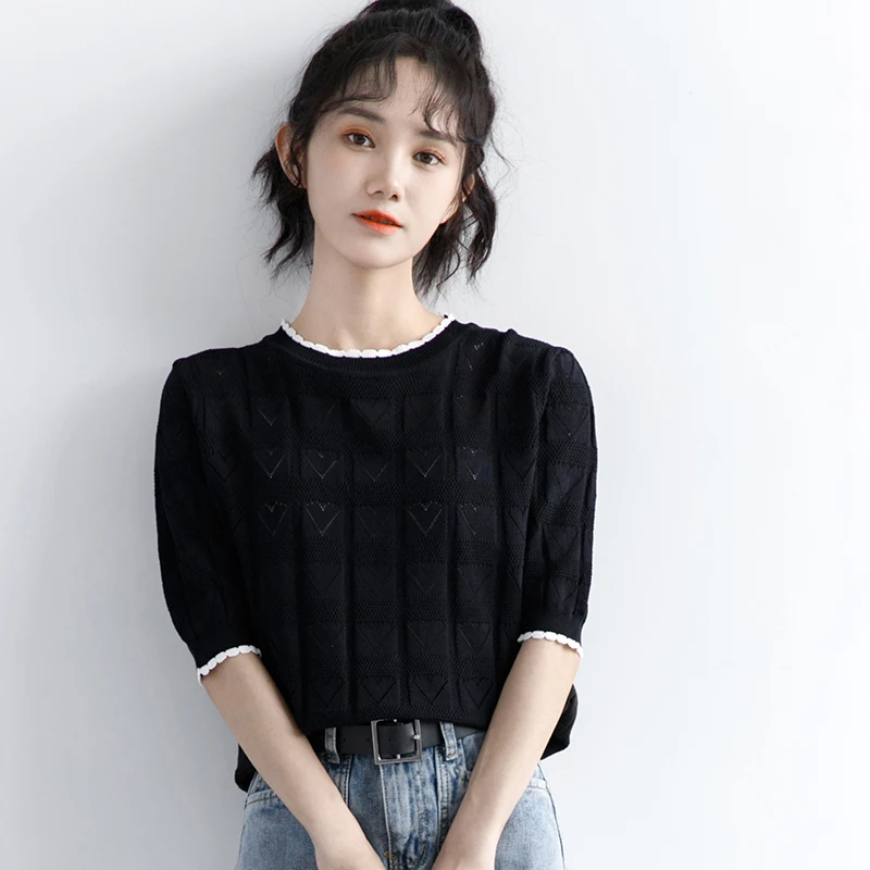 Женский свитер из ледяного шелка простая универсальная черная тонкая футболка с