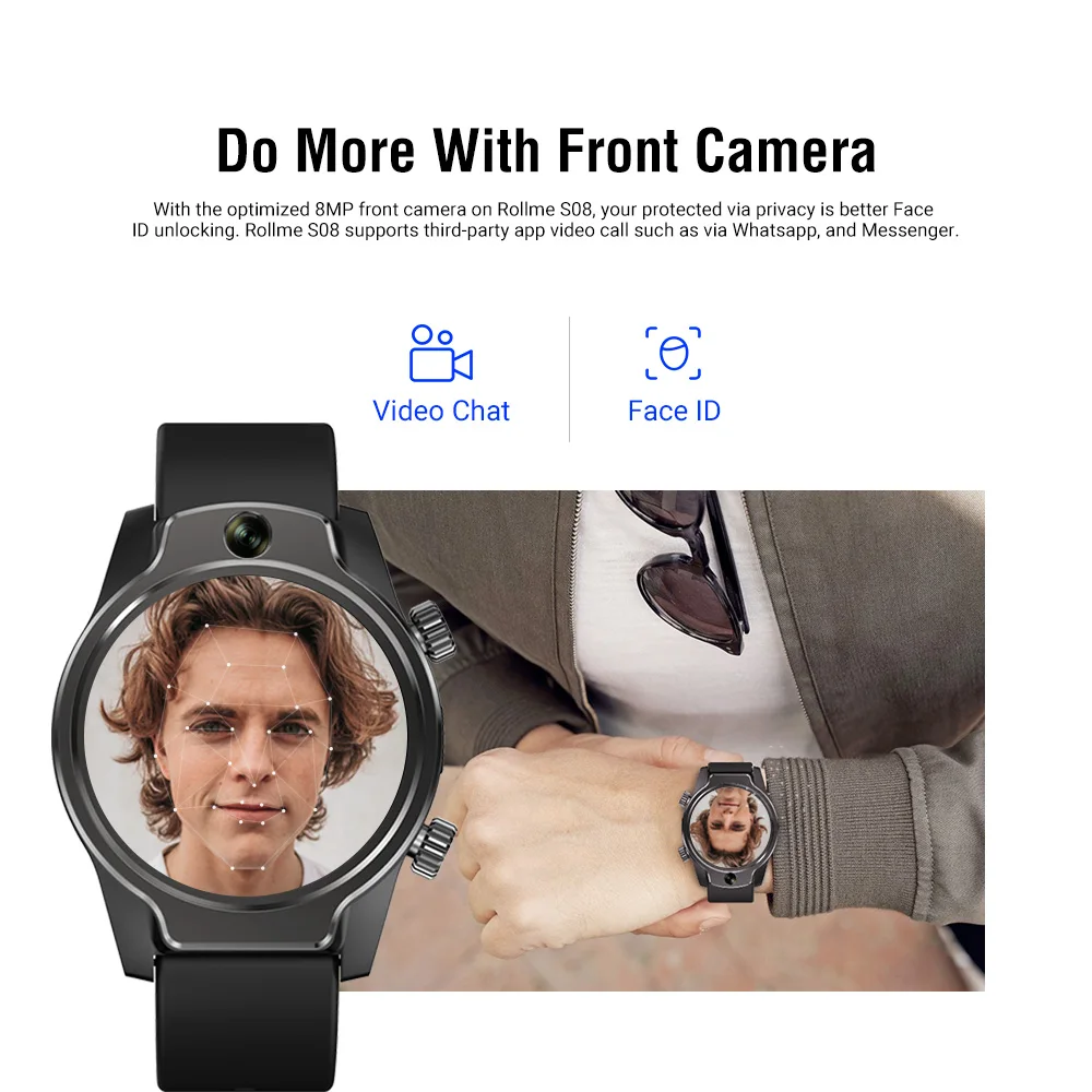 rollme s08 4g smart watch men ip68 waterproof 3gb 32gb face id 8mp dual cameras 1360mah smartwatch android wifi gps phone watch free global shipping