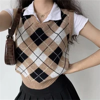 preppy style v neck casual 90s aesthetic clothes for women vintage soft girl sleeveless plaid knitted tank tops female knitwear
