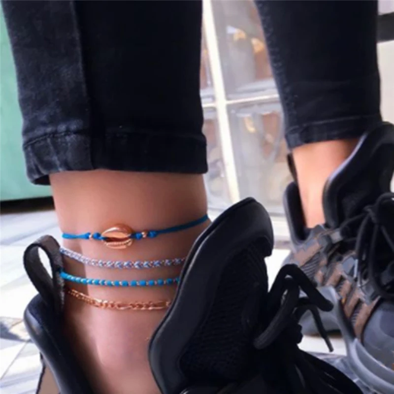 Docona Boho синий вязаный полосатый корпус из бисера многослойный ножной браслет