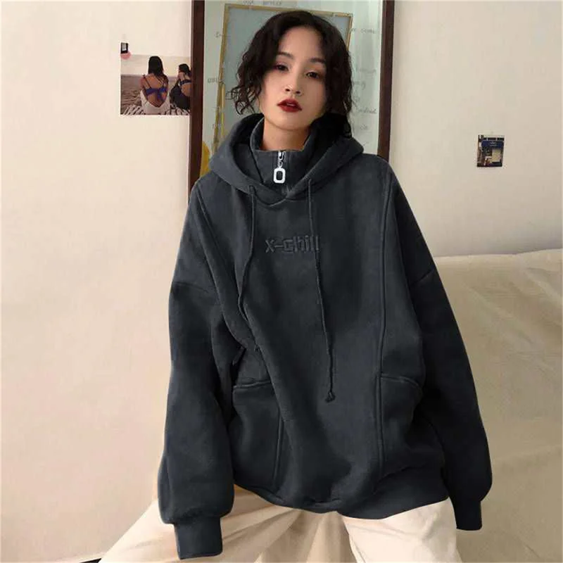 

Hoodies Women Plus Velvet Thick Oversize Letter Embroidered Trendy Chic Causal