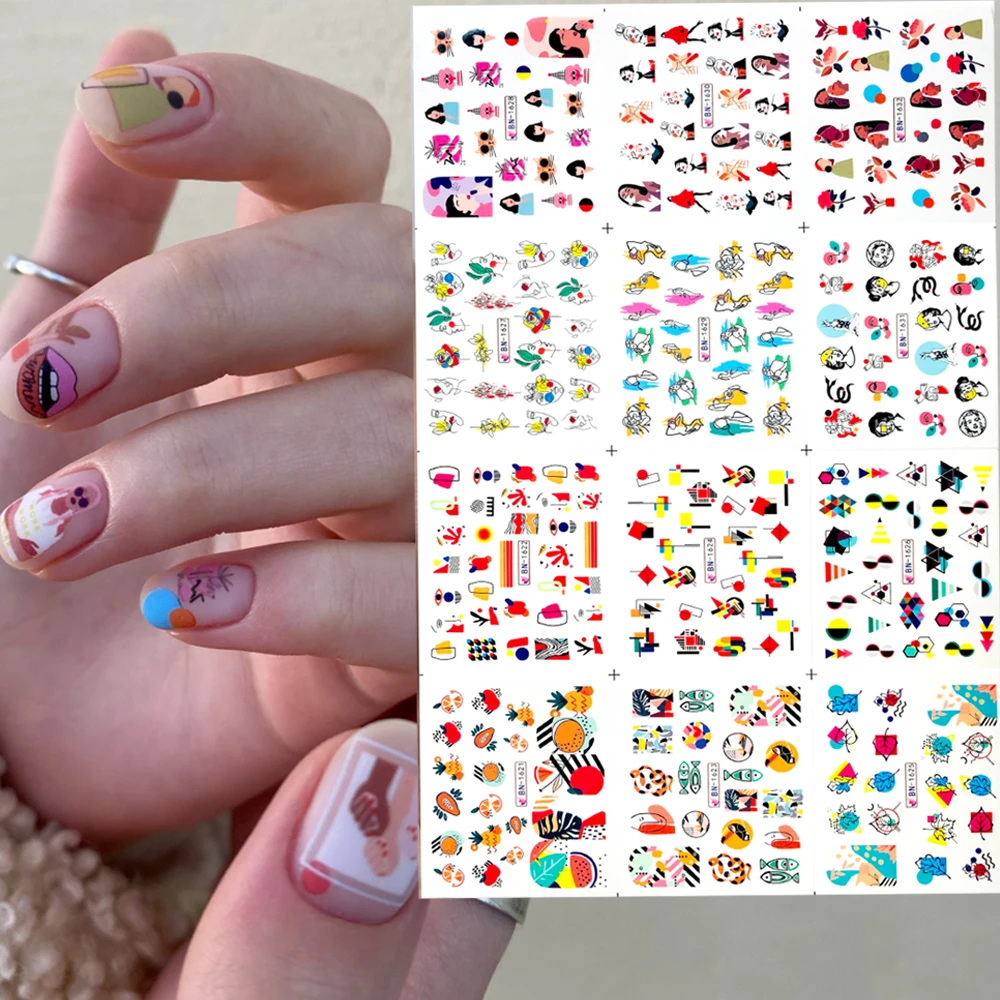 12 Дизайнов абстрактные женские Слайдеры для ногтей маникюра любовь сердце перо