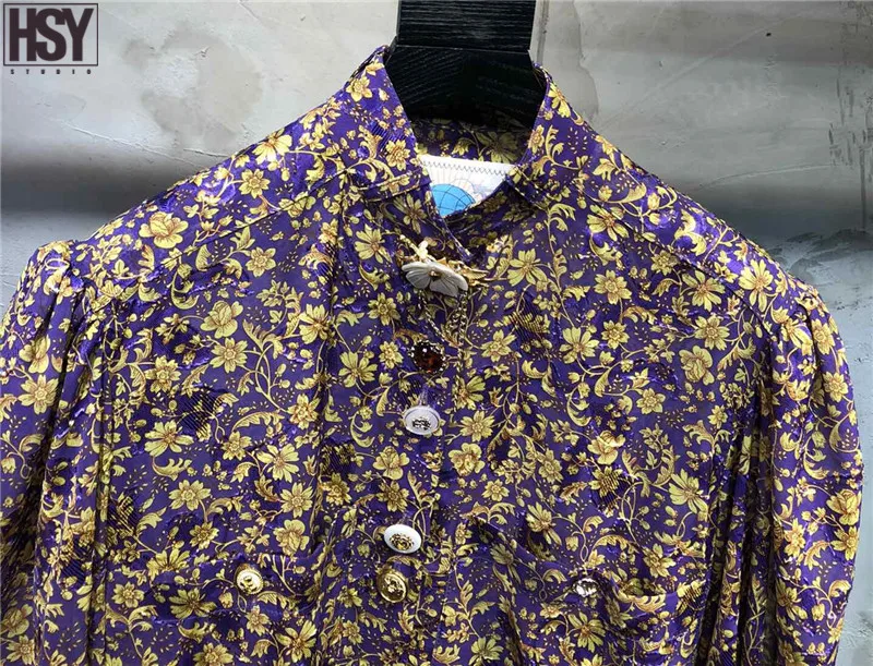 【HSY】 Autumn Winter New Fashion Women Shirt Custom Stereoscopic Flower Button Bubble Sleeve Stand Collar Floral Print Blouse