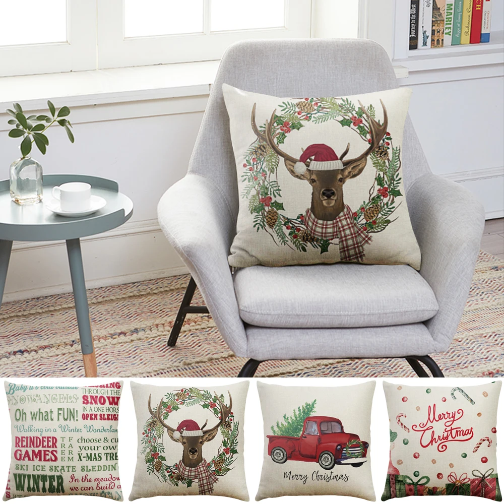 New Christmas Deer Gifts Cotton Linen Throw Pillow Cushion Cover Car Home Sofa Decorative Pillowcase 45x45cm | Дом и сад