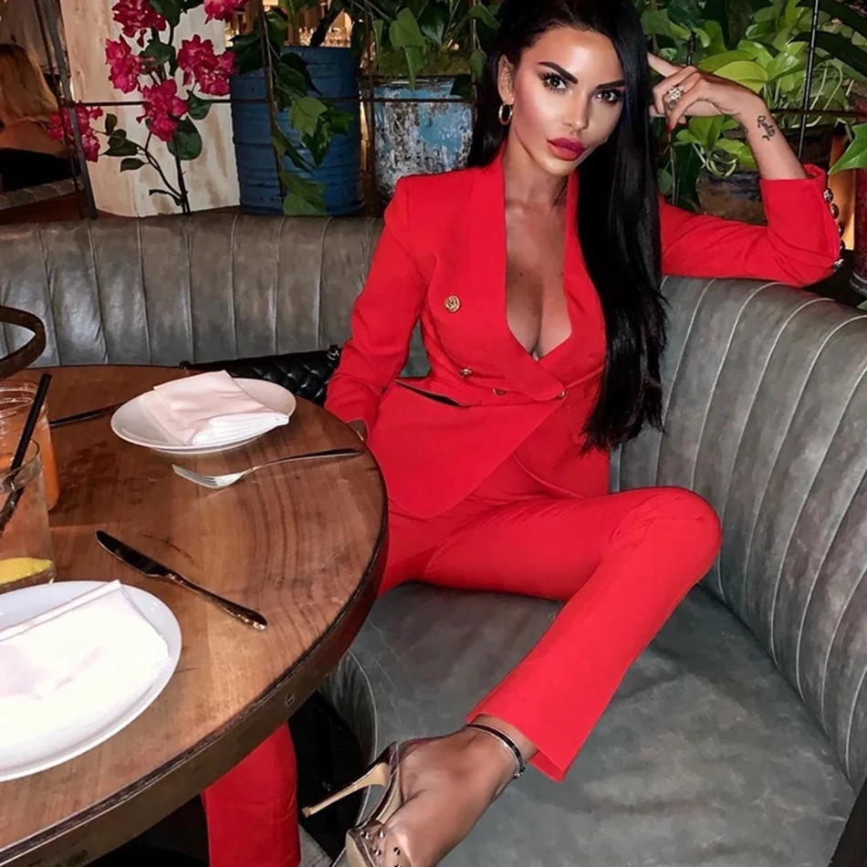 

Ailigou 2021 Summer New Women'S 2 Piece Set Sexy V-Neck Double-Breasted Blazer + Small Feet Trousers Party Set Vestidos