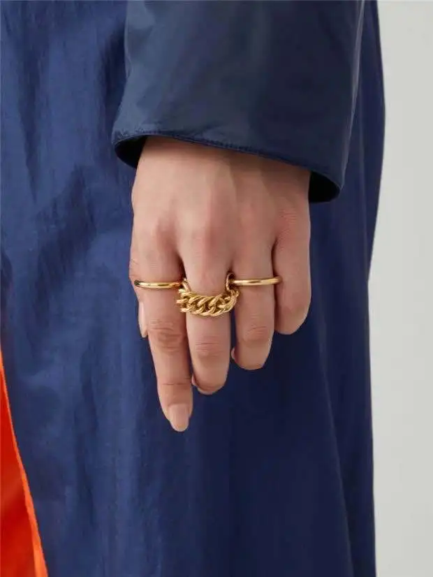 

Brass Retro Chained Statement Rings Women Jewelry Chic Punk Gothic Boho Hiphop Runway Party Designer Japan Korean Ins Hot