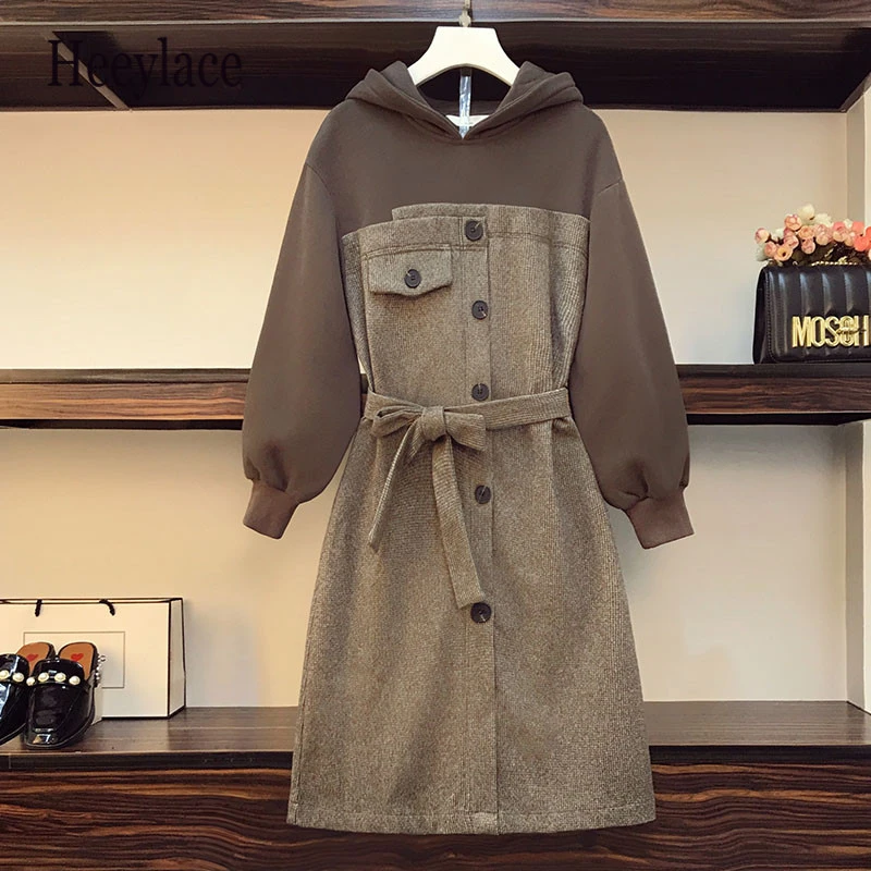 

Women Patchwork Thicken Winter Hoodies Sweatshirt Dresses For Women Streetwear Warm Sportswear Dresses Female Robe