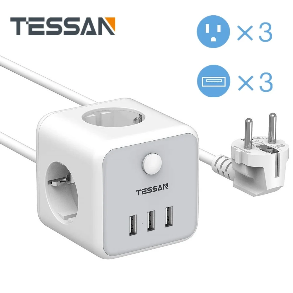 

TESSAN Gray/Black EU Travel Socket Power Strip with 3 Outlets 3 USB Ports On/Off Switch 1.5m Extension Cord and EU Plug for Home
