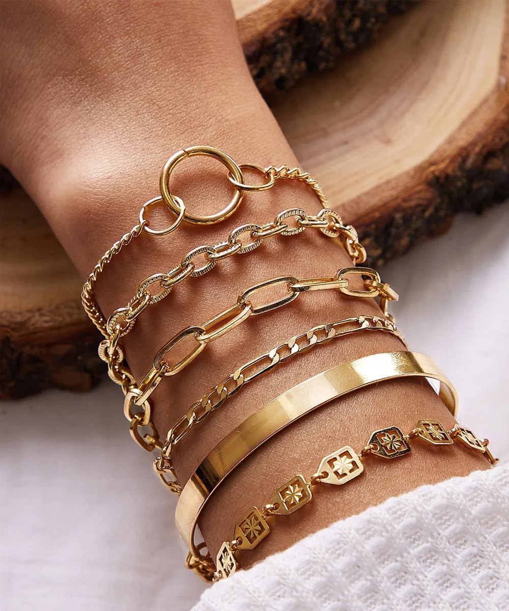 ZX Wholesale Personalized Layers Metal Chain Bracelet for Women Hip Hop Punk Gold Plated Maxi Bangle Jewelry Female Bijoux Gifts | Украшения