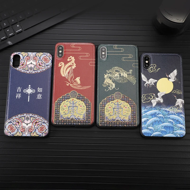 Chinese style case for iPhone x xr xs max 6 6s 7 8 plus phone cover Skin texture Dragon phoenix |