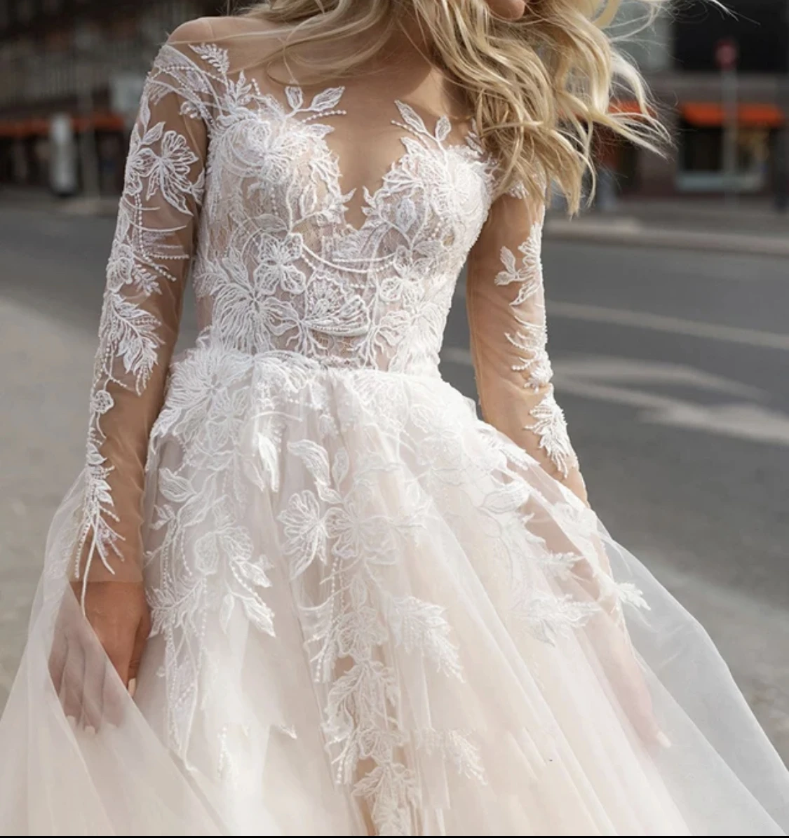 Wedding Dress A-Line Sheer Neck Full Sleeve Backless Button Tulle Floor Length Sweep Train Elegant Bride Gown Custom Made 2021 second hand wedding dresses