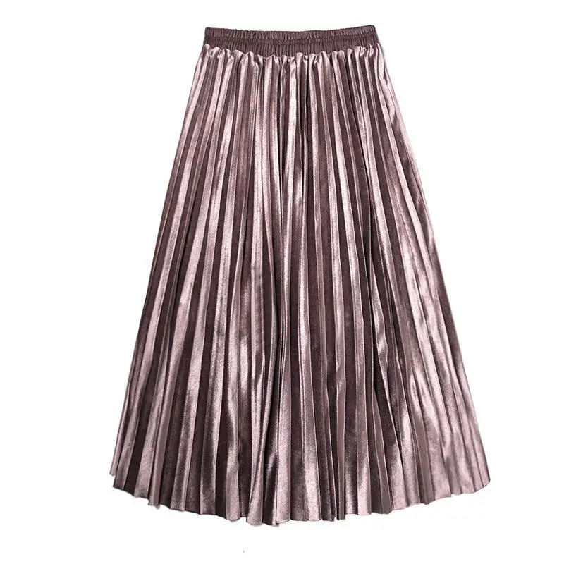 

Summer Skirts Womens Long Metallic Silver Maxi Pleated Skirt Midi Skirt High Waist Elascity Casual Party Skirt Vintage Plus Size