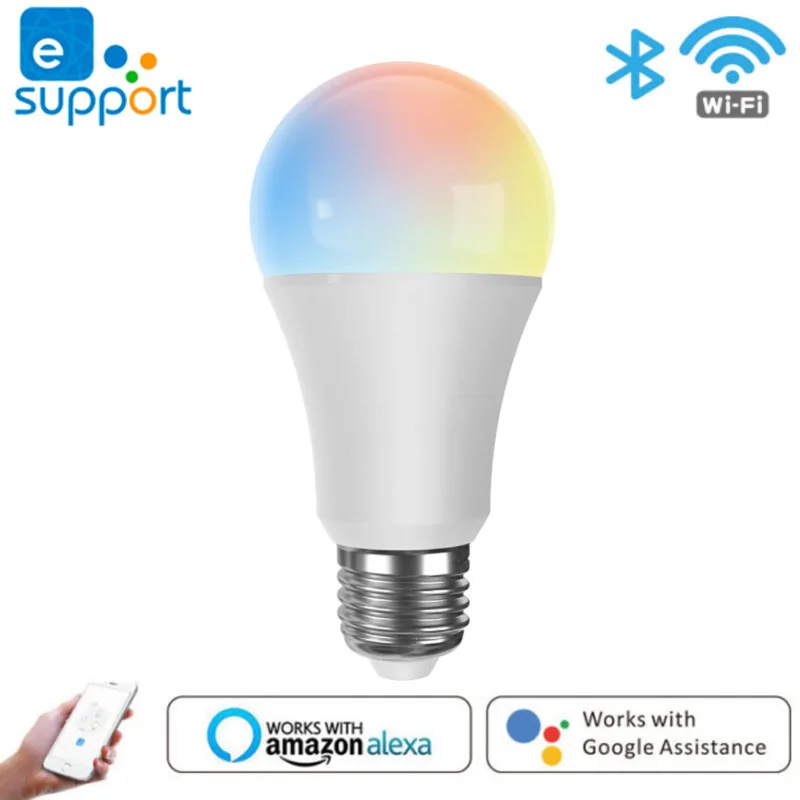 

Умная Светодиодная лампа EWeLink, Wi-Fi, Bluetooth, 9 Вт, E27, RGB + CCT, ночсветильник с голосовым управлением, работает с Alexa Google Home