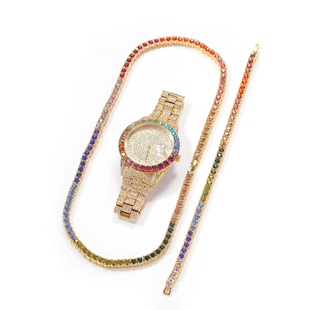 

2020 Full Cubic Zircon Necklace +Watch+Bracelet Hip Hop Jewelry Set Iced Out Crystal Tennis Necklace Bracelet Party Jewelry Set