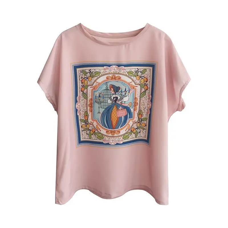 

Round neck retro printed Short Sleeve Chiffon shirt women's 2020 summer cartoon loose foreign style base coat