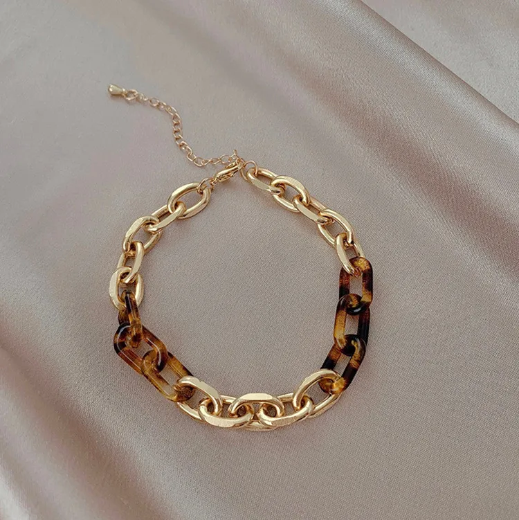 

Design Sense Leopard Color Resin Metal Chain Splicing Bracelets For Woman Goth Girl's Fashion Jewelry Korea Unusual Accessories