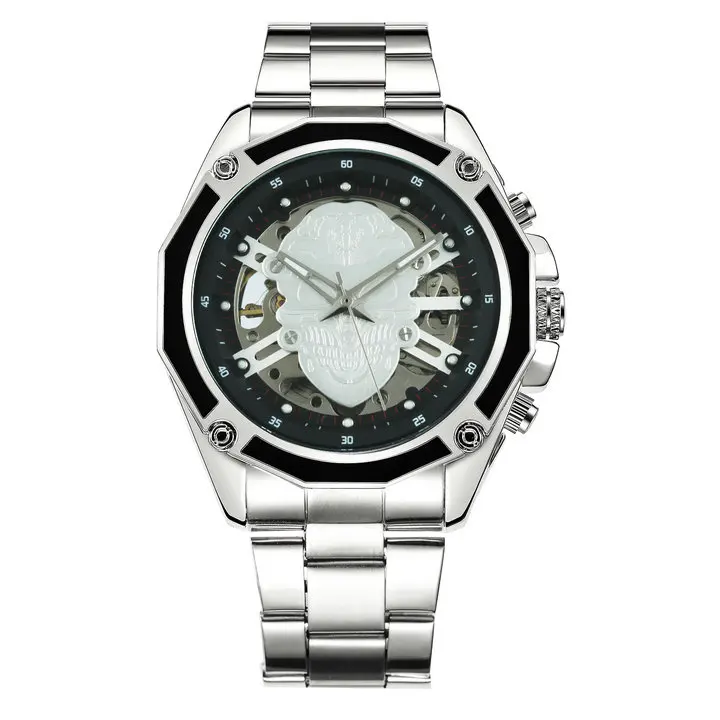 SILVER WHITE WINNER официальные деловые мужские часы Топ бренд класса люкс автоматические механические мужские часы с изображением скелета циферблат 3D череп наручные часы хип-хоп - Цвет: SILVER WHITE
