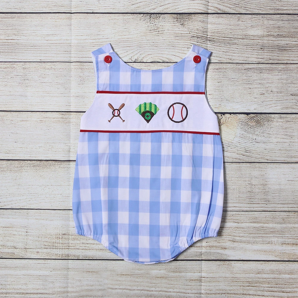 

Летняя одежда для мальчиков синяя большая клетчатая бейсбольная и бейсбольная бита с вышивкой Детский комбинезон