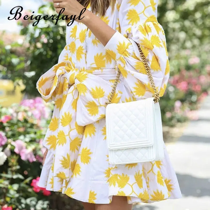 Beigerfayl Summer Vintage Yellow Maple Leaf Print Embroidery Women Dress V Neck Lantern Sleeve High Waist A-line TDR19784 | Женская