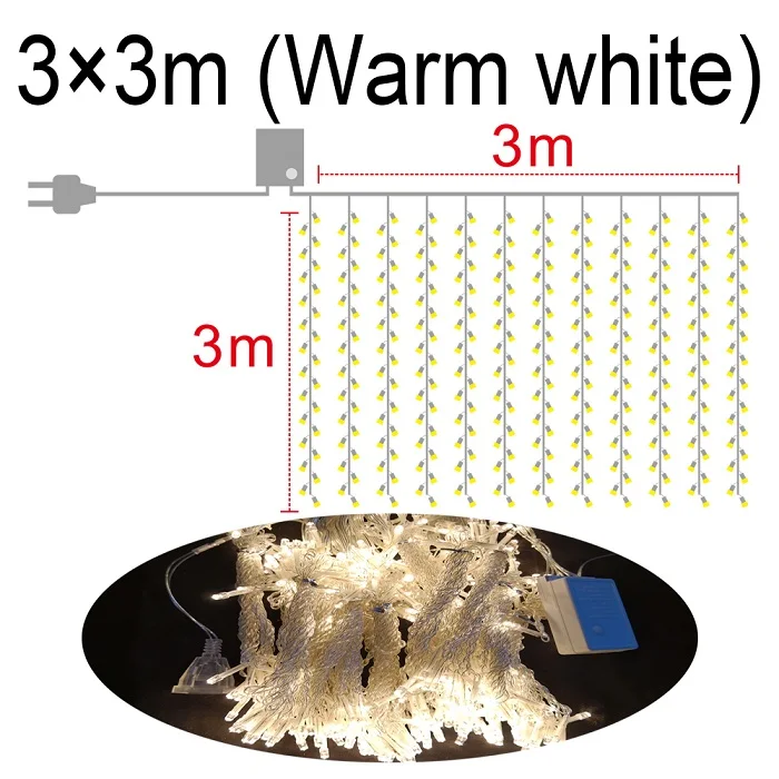 Warm white 3x3 м 300 светодиодов для дома, улицы, праздника, рождества, декоративные, свадебные, рождественские гирлянды, сказочные занавески, гирлянды, полосы, Вечерние огни - Испускаемый цвет: Warm white