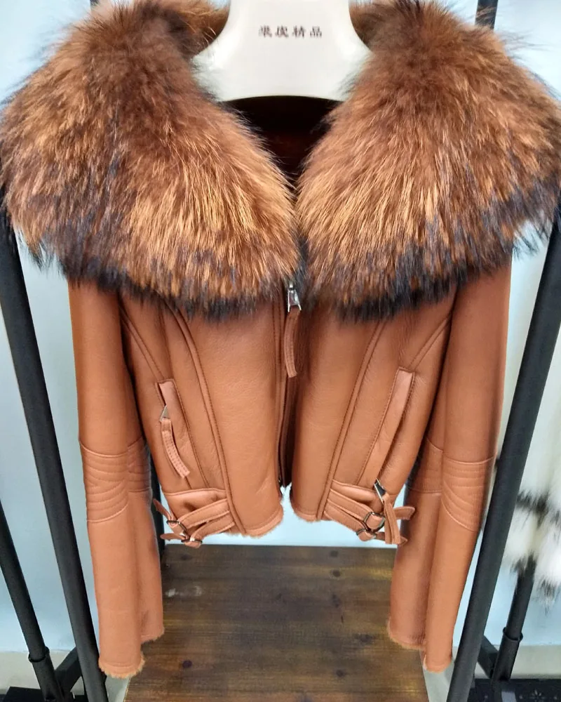 genuine leather jacket women coat winter sheepskin coats wool parka real oversized raccoon dog fur collar | Женская одежда