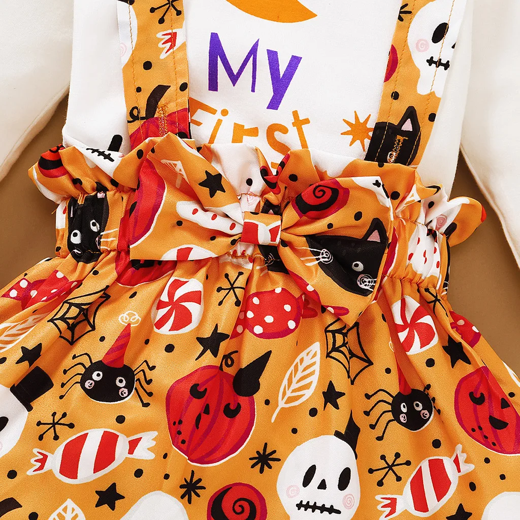 

Infant Baby Girls Halloween printing Romper Bodysuit+Cartoon Suspender Skirts Outfits newborn kids winter long set fashion hot